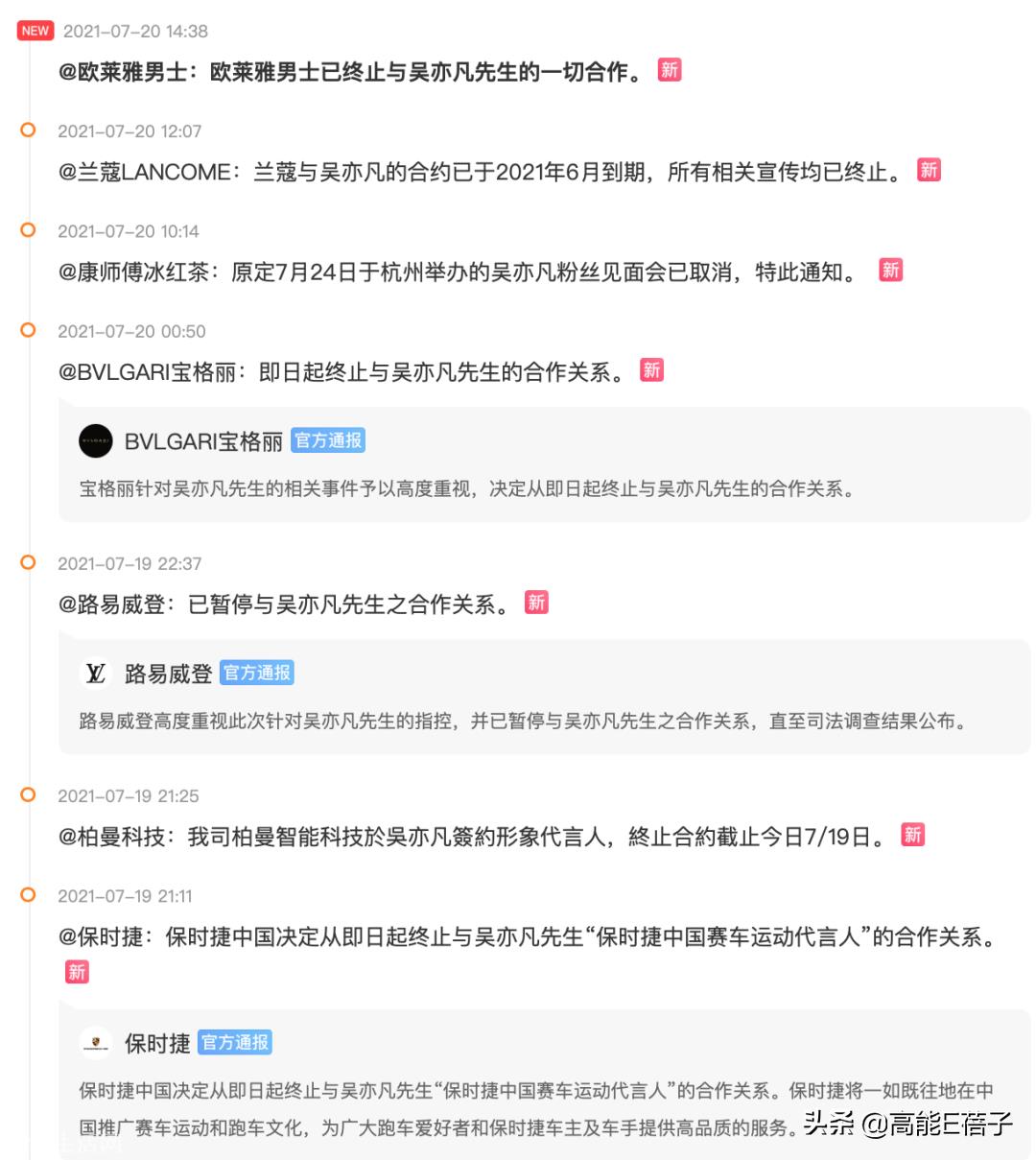 ?吴亦凡被解约的有哪些公司？损失多少钱？