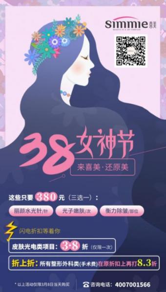 三八女神節喜美整形王會勇隆鼻8.3折，光電項目3.8折..