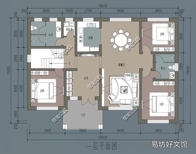 能不能推荐入户门在中间的16.5米*12米二层自建别墅户型?