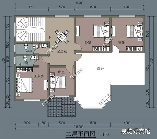 能不能推荐入户门在中间的16.5米*12米二层自建别墅户型?