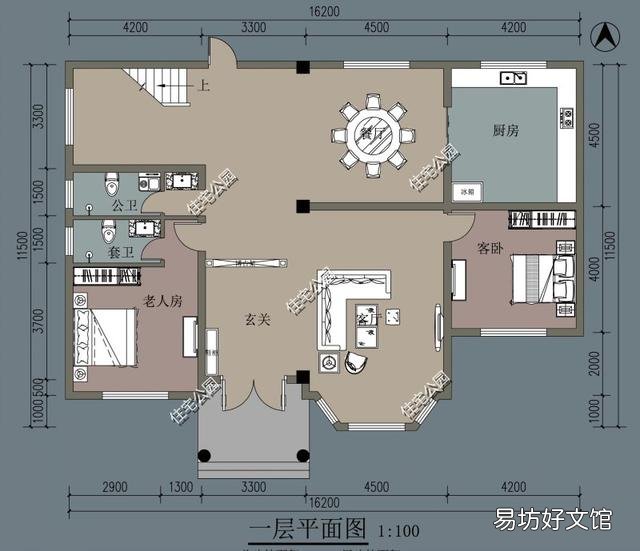 能不能推荐入户门在中间的16.5米*12米二层自建别墅户型?