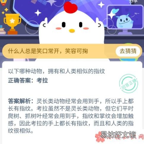 蚂蚁庄园8月23日答案 以下哪种动物拥有和人类相似的指纹