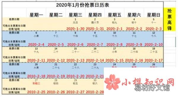 2020年春运抢票日历表