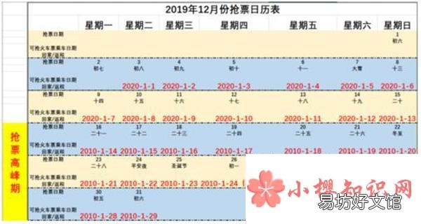 2020年春运抢票日历表